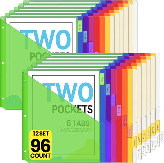 Sooez 96 Count Dividers with Pockets, 8 Tabs Binder Dividers for 3 Ring Binders, Binder Dividers with tabs, Binder Divider with Pockets for US Letter Size, Insertable Big Tabs, Multicolor, 12 Sets