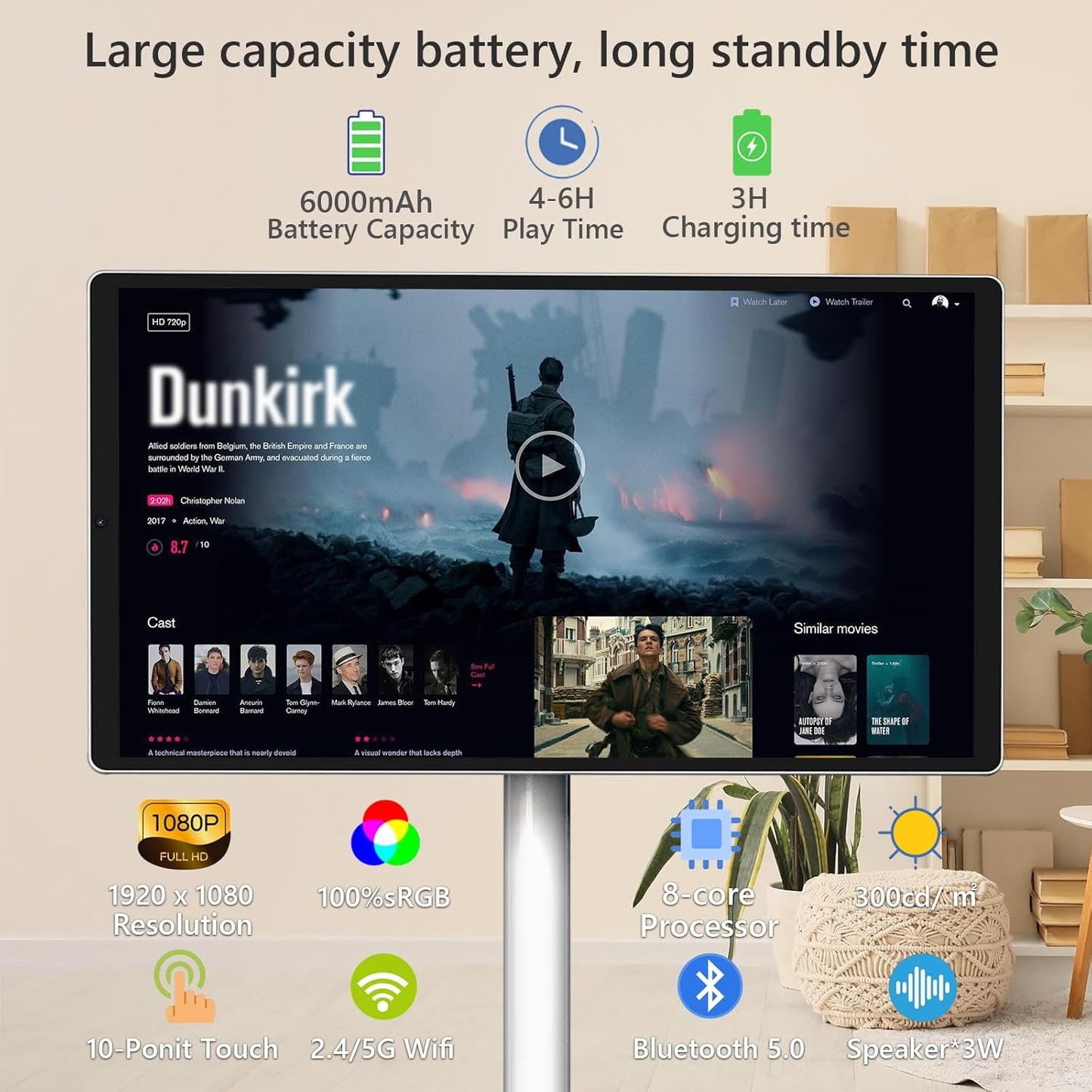 OFD 21.5 Inch Portable TV on Wheels 1080P,100%sRGB,6GB RAM+128GB Storage,RollingTV,Touch Screen Large Tablet with Base,8MP Webcam,Android 13 OS| Wireless Projection| 6000 mAh Battery(Play 4-6H),White