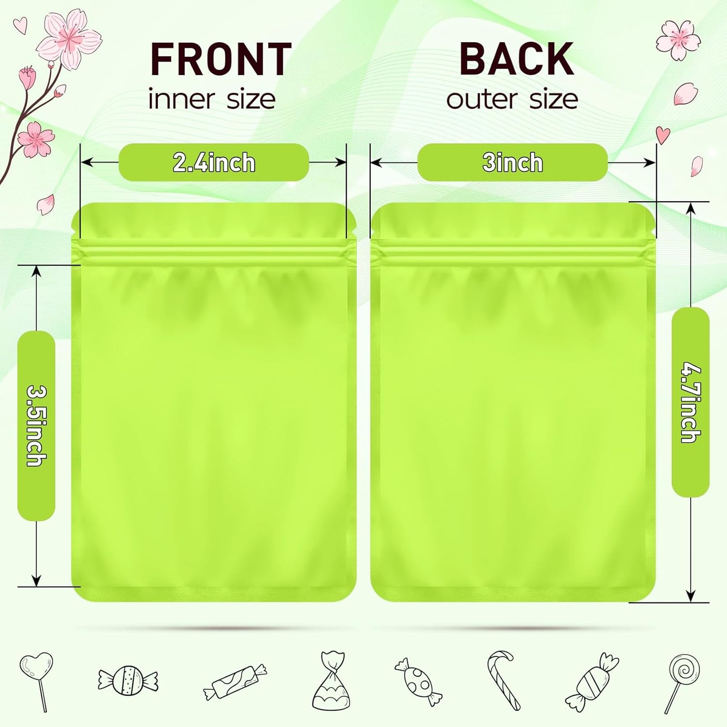 Funfery 100 Pack Green Mylar Packaging Bags Resealable Bags Double Sided Color Odor Proof Pouch Baggies Smell Proof Foil Bag for Food Storage,Small Business(Green,3x4inch)