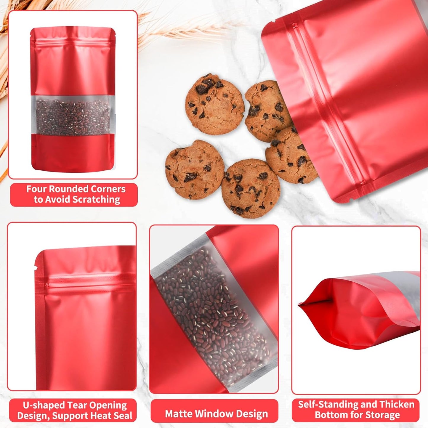 100 Pack Smell Proof Bags, Resealable Red Mylar Bags with Matte Window, Foil Pouch Stand Up Sealable Bags for Packaging, 6.29 × 9.44 Inch