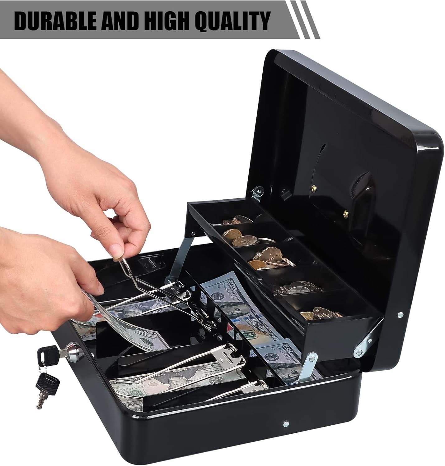 KYODOLED Cash Box with Money Tray, Key Lock Money Safe with Security Cable and Waterproof Bag, 11.81L*9.45W*3.54H inch, Black X Large