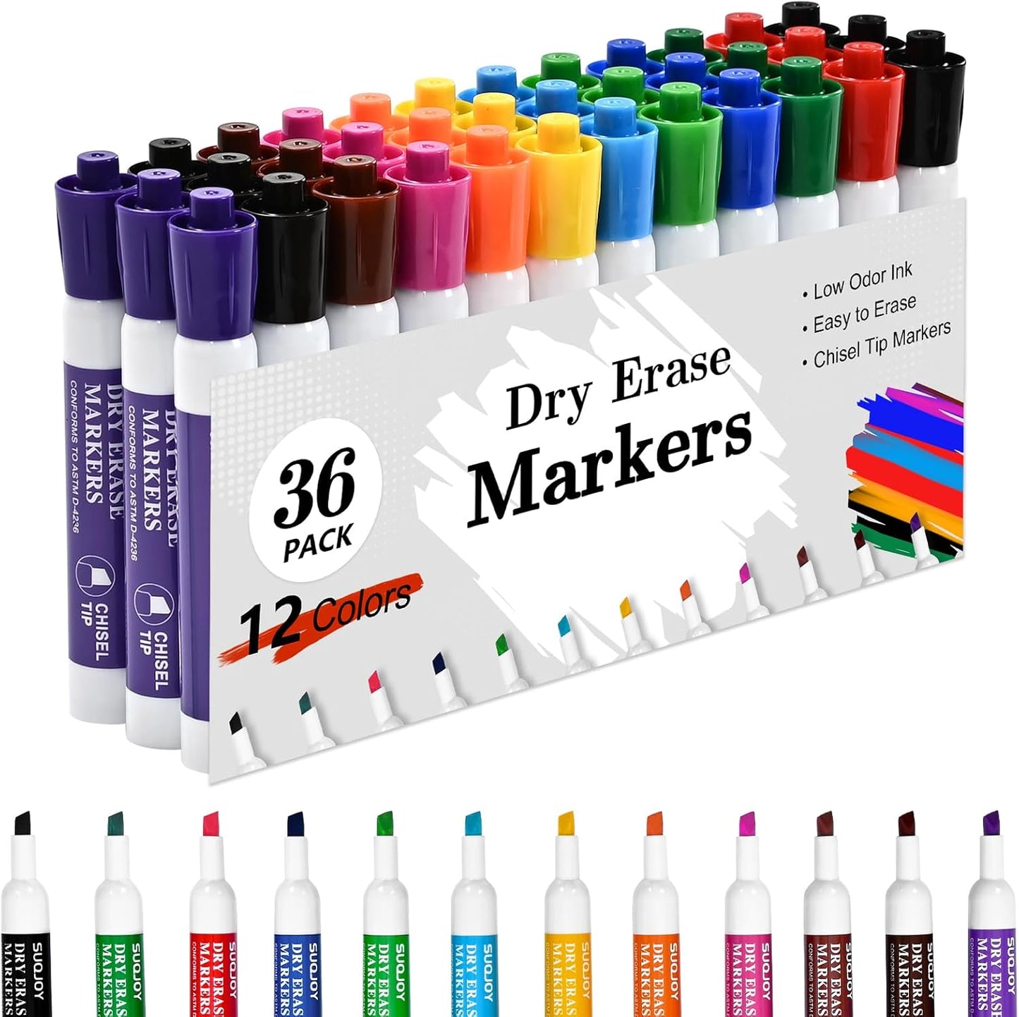 Dry Erase Markers, Chisel Tip Whiteboard Markers, Low Odor Dry Erase Marker, 36 Bulk 12 Assorted Color Markers for Kids/Teachers