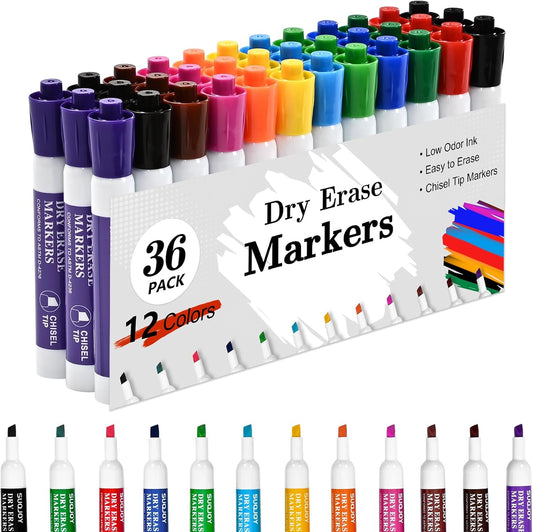 Dry Erase Markers, Chisel Tip Whiteboard Markers, Low Odor Dry Erase Marker, 36 Bulk 12 Assorted Color Markers for Kids/Teachers