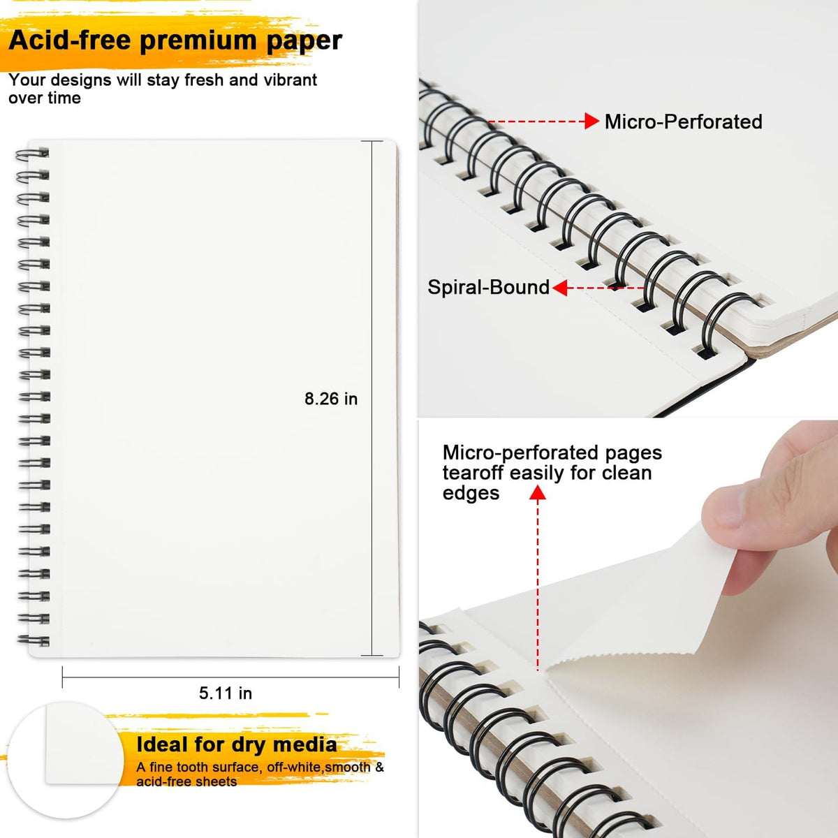 MEMX Poly Cover Sketch Book, 5.5”X8.5” 100 Pages (110gsm), Spiral Bound Artist Sketch Pad Notebook, Durable Acid Free Drawing Paper for Drawing, Writing, Painting, Sketching or Doodling, White