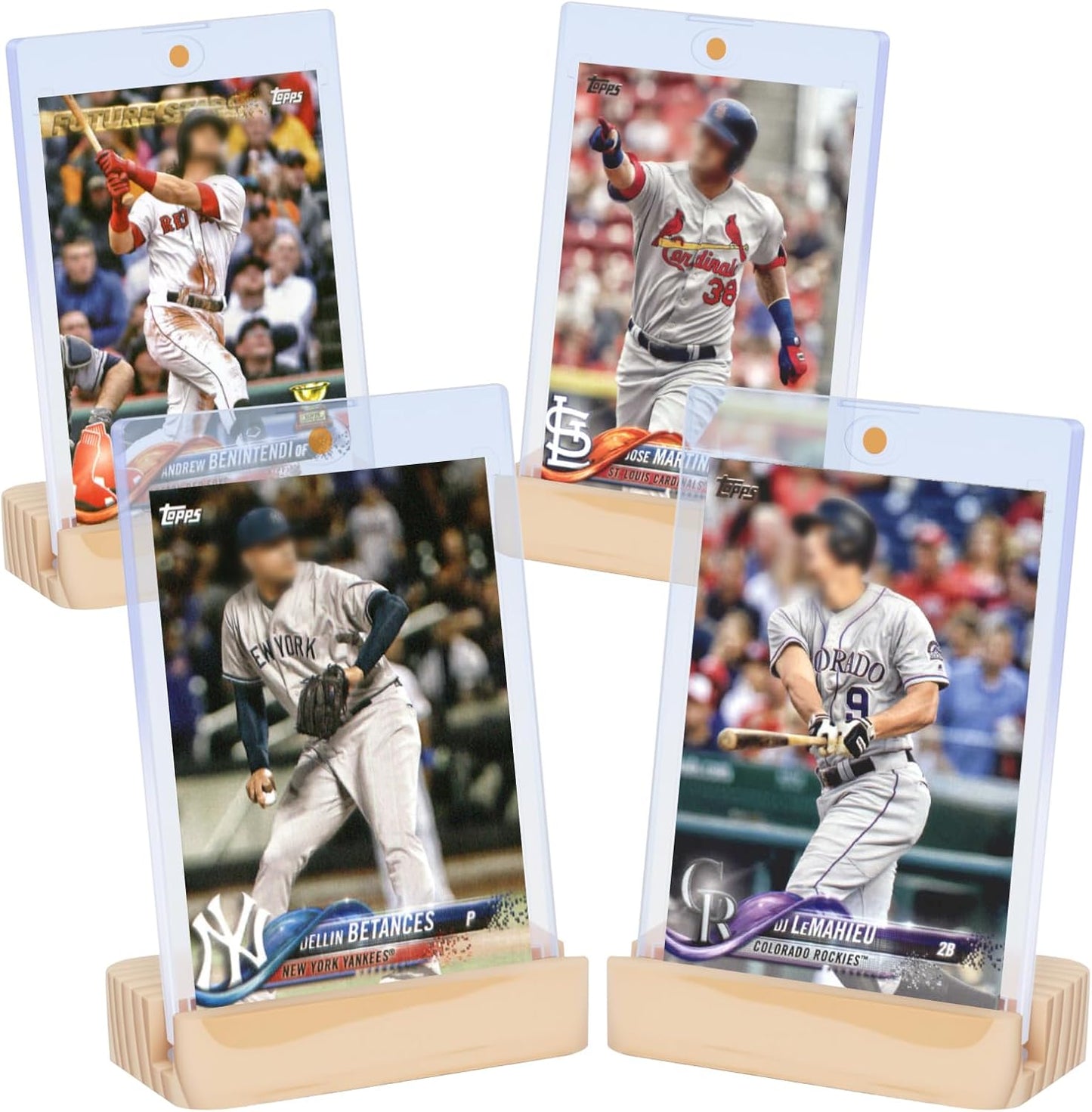 4Pack Magnetic Card Holders for Baseball Cards - Sports Card Protector with 4 Wooden Stands, 35pt Plastic Hard Card Sleeves Holder, Trading Card Display Stand for Graded Card, MTG, Sports and Game Cards
