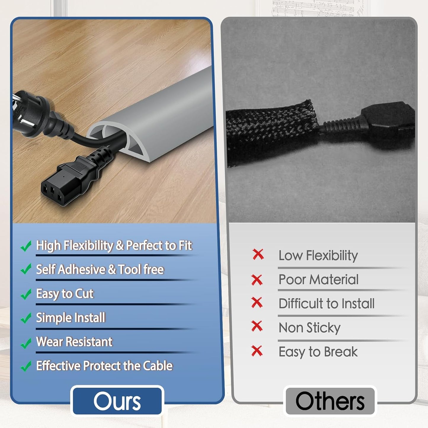 Floor Cord Cover for Wires on Floor Self Adhesive Cord Hider Floor Cable Management Wire Covers for Cords Protector Prevent Cable Trips Cord Cavity W 0.59" x H 0.31", Gray, 20Ft