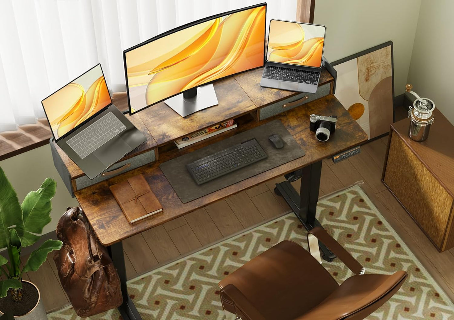 Claiks Standing Desk with Drawers, Stand Up Electric Standing Desk Adjustable Height, Sit Stand Desk with Storage Shelf and Splice Board, 55 Inch, Rustic Brown