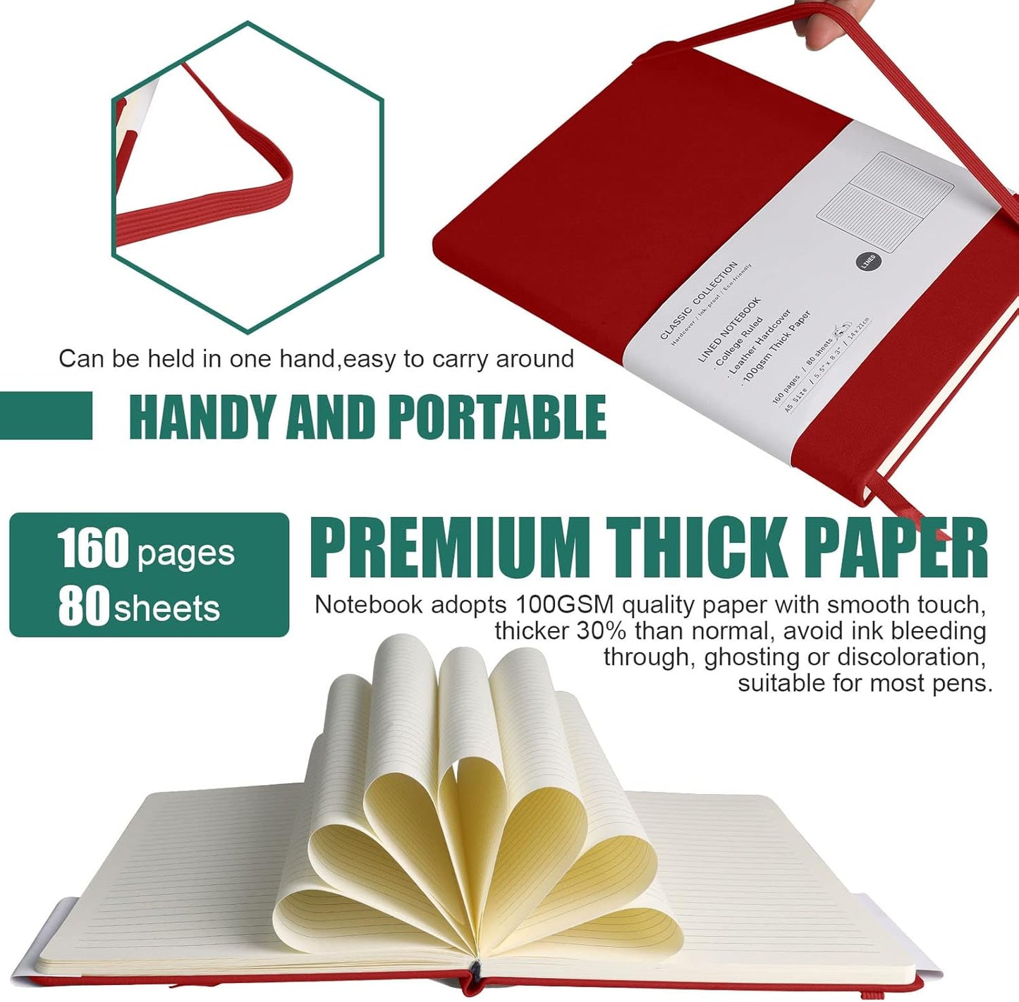 Lined Journal Notebook, 6Pack(red), 160 Pages, Medium 5.7 inches x 8 inches - 100 gsm Thick Paper, Hardcover