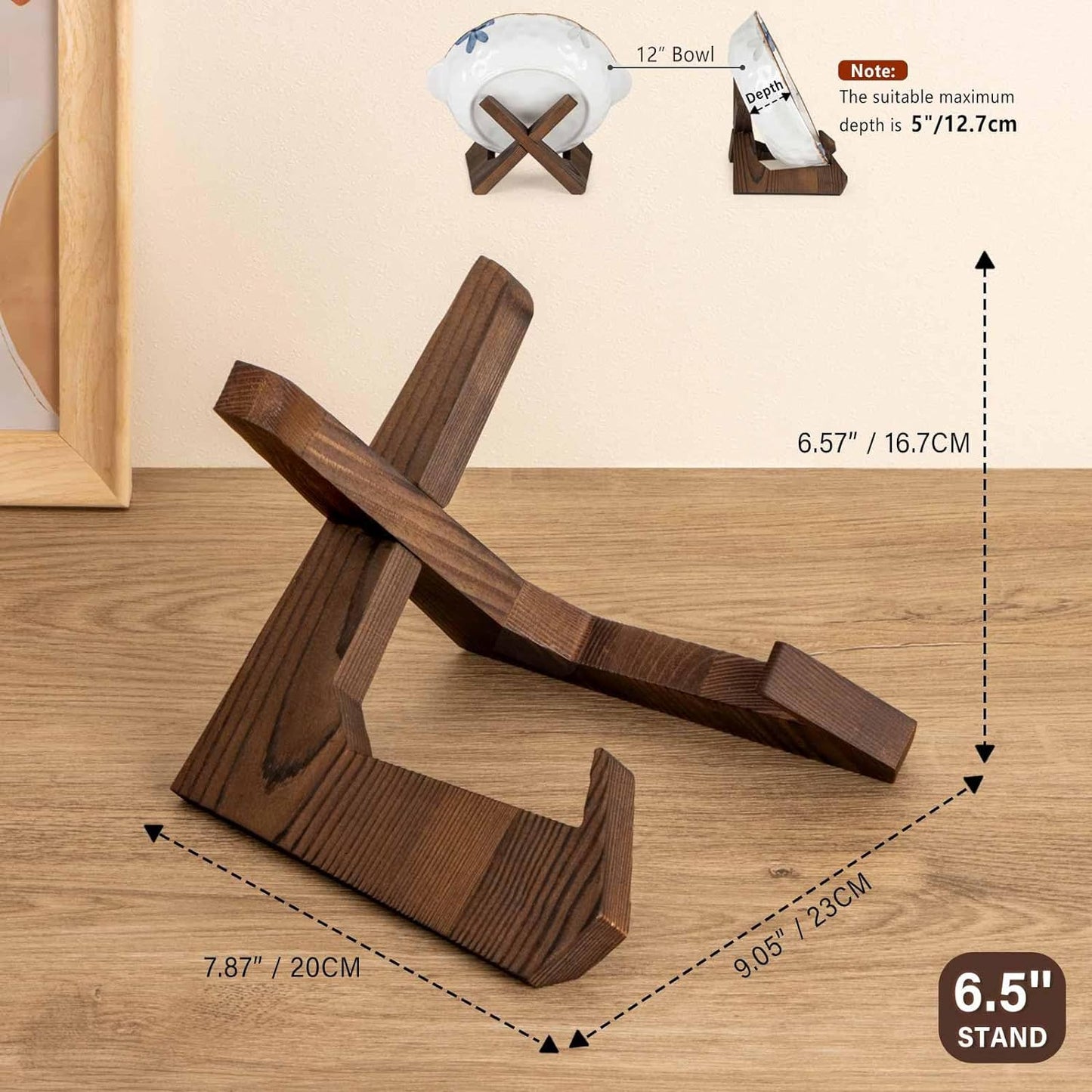 Bowl Stands for Display, 6.5 Inch Plate Holder, Wooden Easel Frame Holder, Display Stand for Large Deep Platters and Dishes, 6.5" H x 9" W x 7.9" D (For Bowls under 5" in Depth)