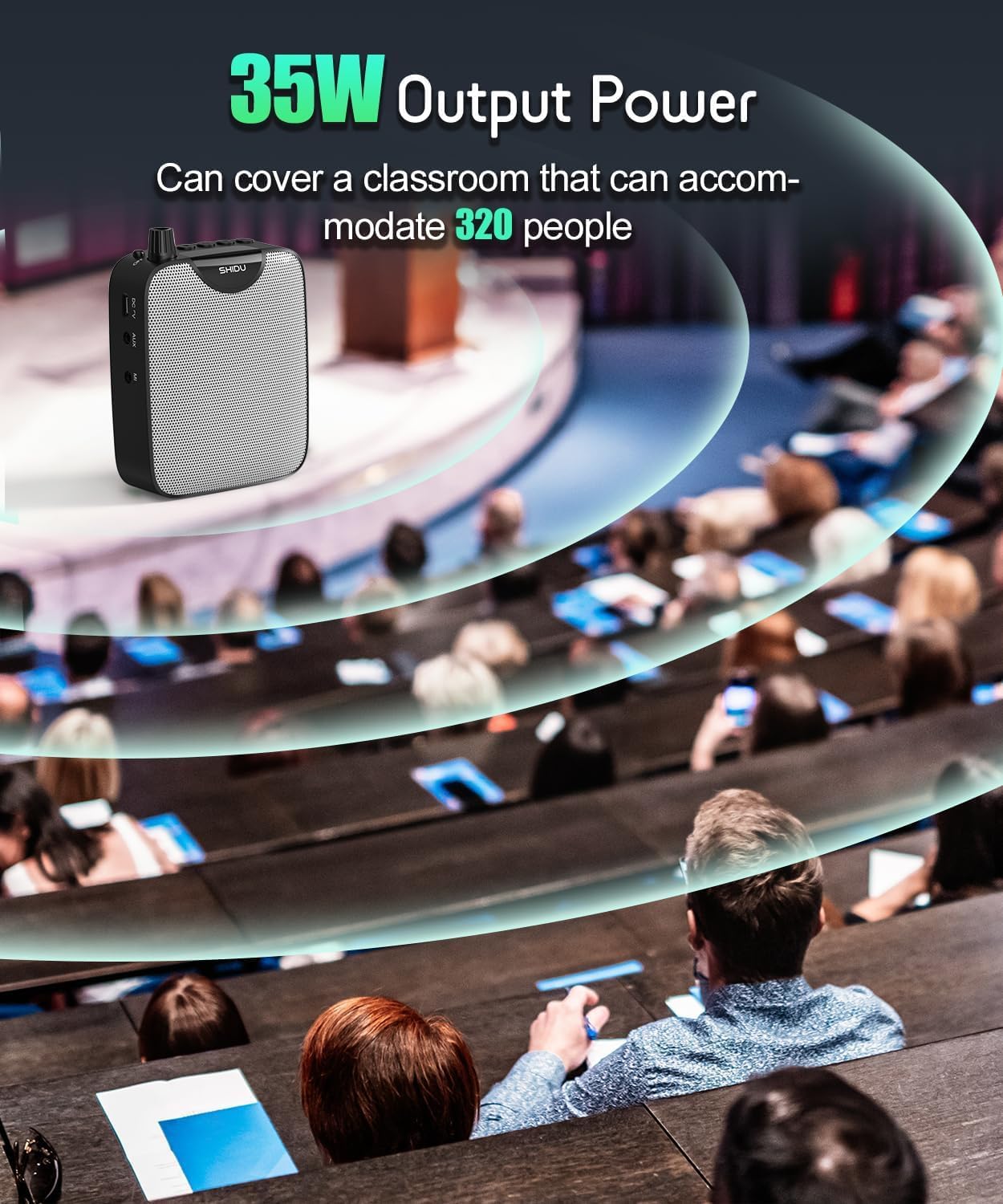 SHIDU 35W Power Voice Amplifier with Bluetooth Wireless Lavalier Microphone, Portable Teacher Mic with Speaker Personal Clip On Microphone System for Teacher Meeting Training-M500 (Black)