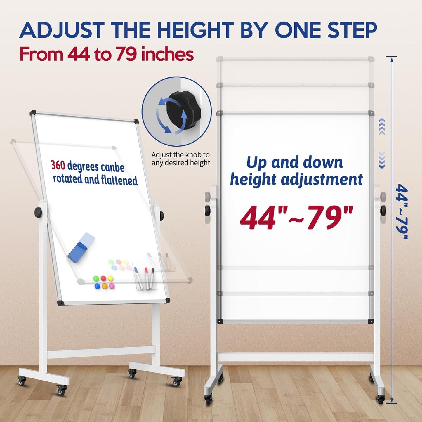 Rolling Whiteboard, 44 x 26 Double Sided Magnetic Dry Erase Board Height Adjustable Whiteboard on Wheels with Sturdy Aluminum Frame for Home Office Classroom