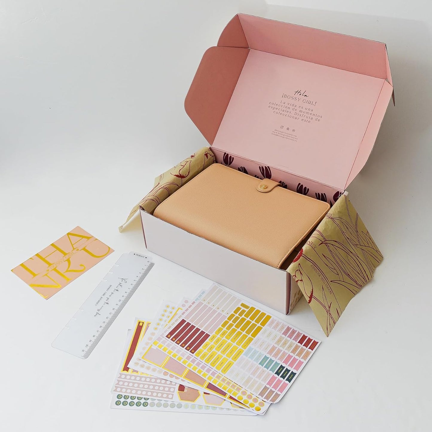 Bossy Girl Journey - A5 Daily Planner Binder – Undated Time Blocking Refillable Organizer for Women with 110gsm Paper, PU Leather Cover, Stickers, Dividers, Pen Loop, Gift Box – Goal Setting & Productivity (Beige)