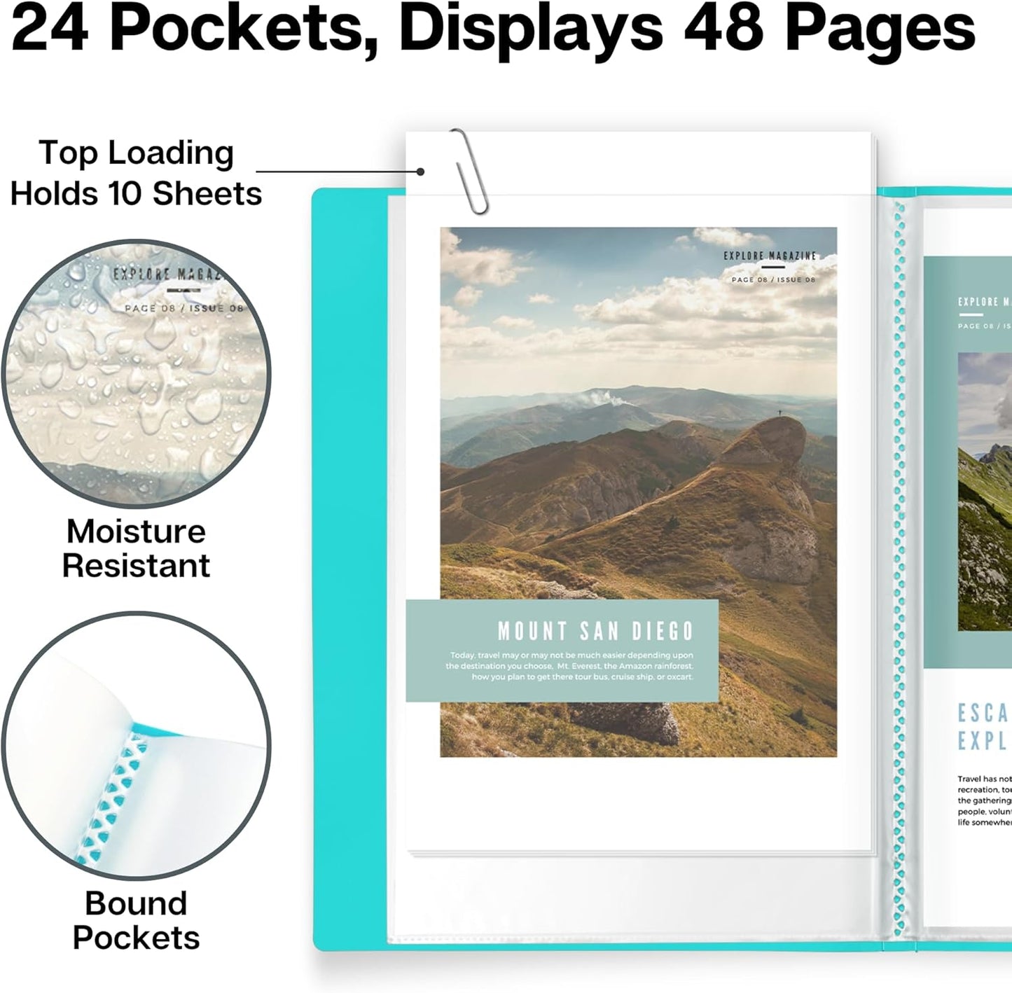 Dunwell Small Presentation Book 5.5x8.5 (2-Pack, Aqua), 24 Pockets Display 48 Half Size Pages, Plastic Binders with Sleeves, 5.5 x 8.5 Mini Booklets, Acid-Free Poly