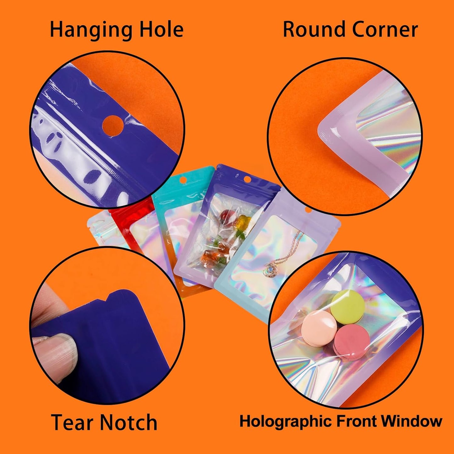 400 Pack 4 Sizes Resealable Mylar Holographic Bags Food Storage Smell Proof Bags with Front Window Foil Packaging Pouch for Sample Jewelry Small Business (Purple to Blue,3x4.7,3.1x5.5,4x 6,4.7x 7.9in)