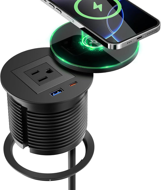 QBA Recessed Power Grommet with 15W Wireless Charger, PD 30W USB-C Port, 1 AC Outlet, 3-1/8 Inch Flush Mount Power Strip for Furniture Nightstand Desk Outlet, ETL Listed