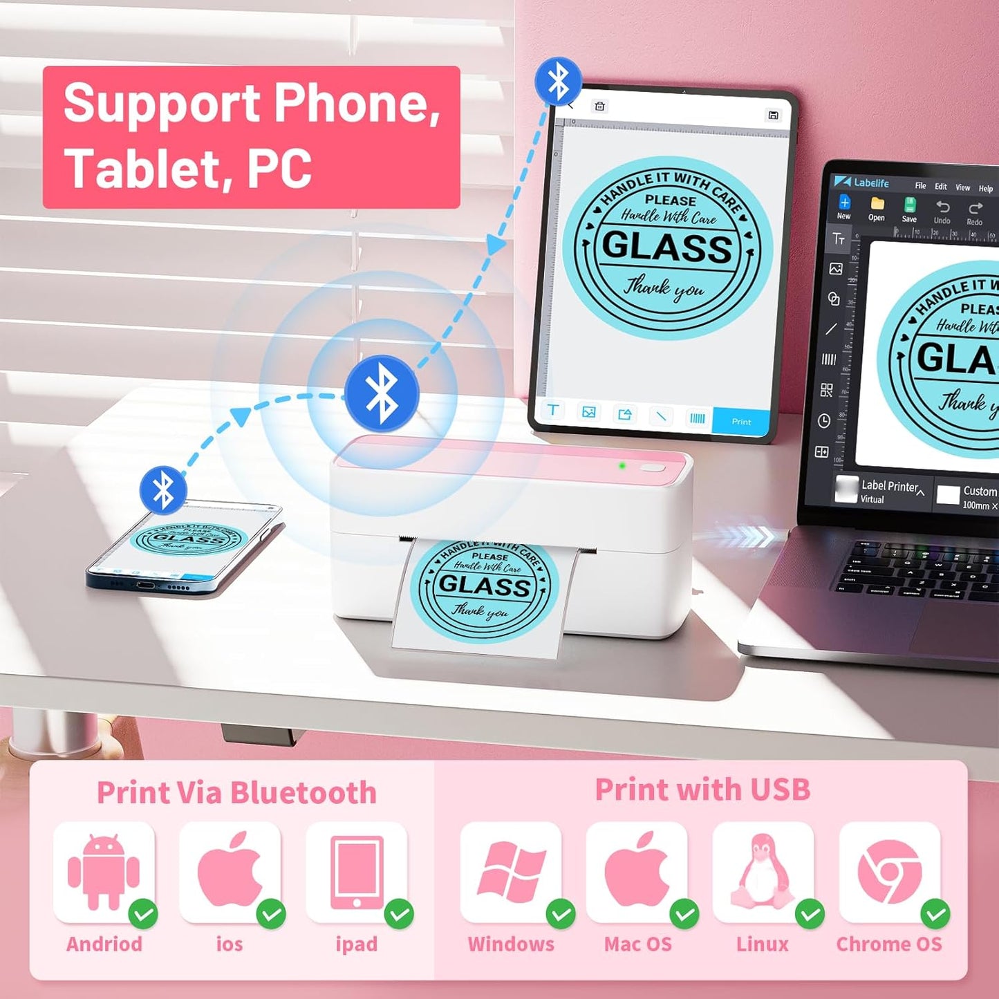 Phomemo Thermal Shipping Label Printer, 241BT Label Printer for Shipping Packages & Small Business, Pink 4x6 Bluetooth Label Printers Compatible with Android iOS Windows, Amazon, Ebay,UPS, Shopify