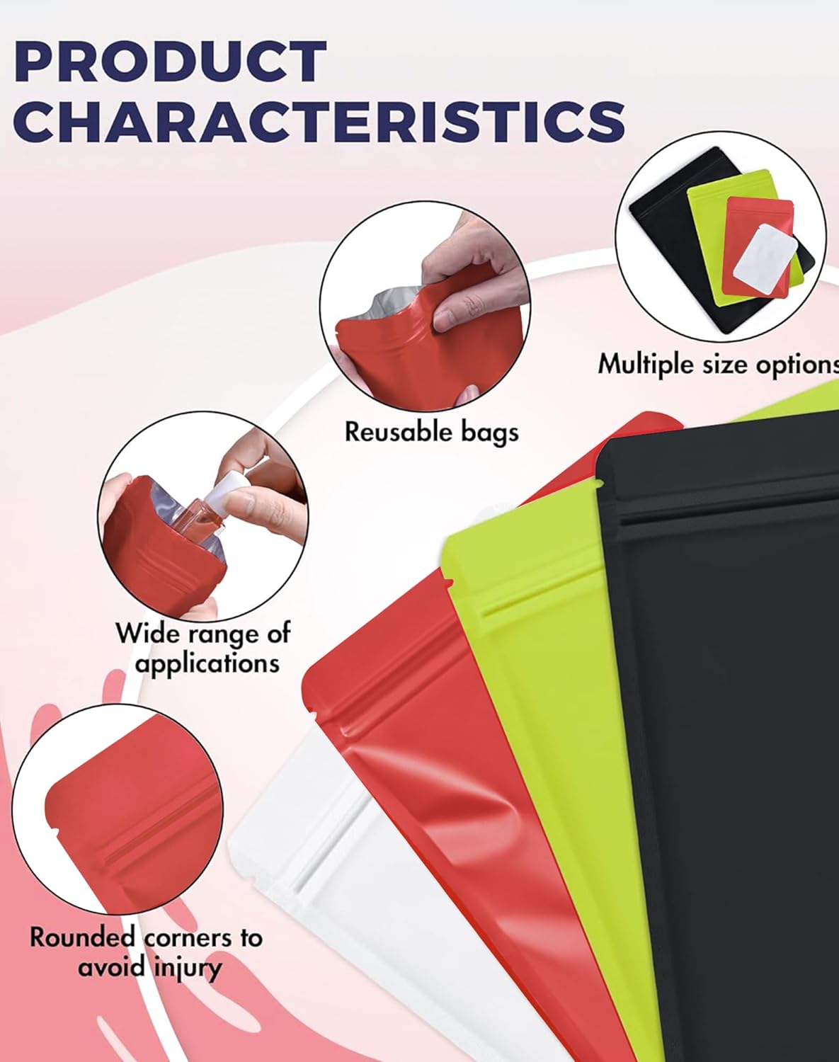 FireKylin 100 Pack Resealable Packaging Bags for Small Business Double-Sided Color Smell Proof Bags for Food Storage Flat Bags (Red, 2.7" x 3.8")