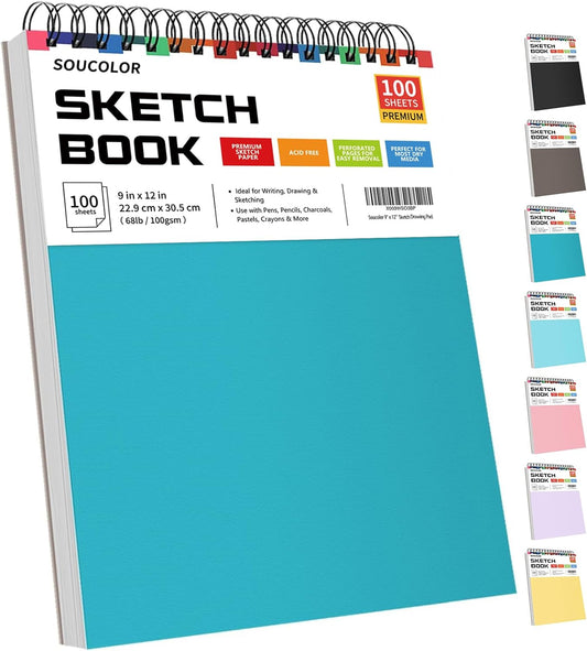 Soucolor School Supplies 9" x 12" Sketch Book for High College Teacher Student, 1-Pack 100 Sheets Spiral Bound Art Sketchbook, Acid Free (68lb/100gsm) Artist Blank Book for Kids, Back to School Stuff