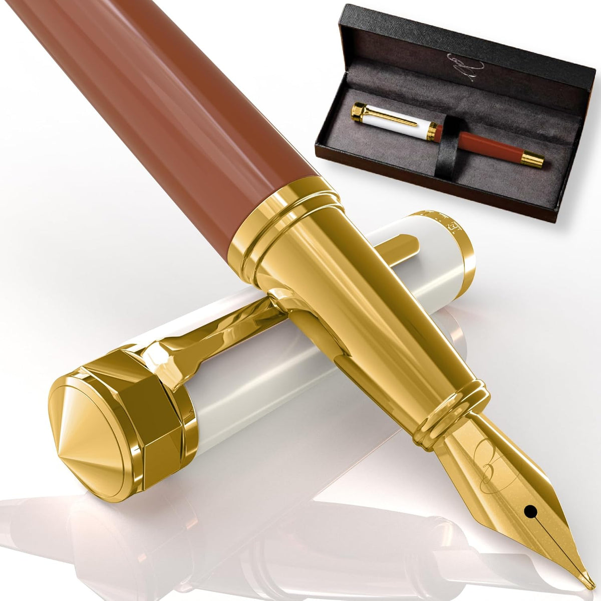 Luxury Fountain Pen Set- Fountain Pens for Writing - Smooth Fine Nib - Includes Refillable Ink Converter, 3 Ink Cartridges [Black & Blue], Gift Box - Elegant Calligraphy