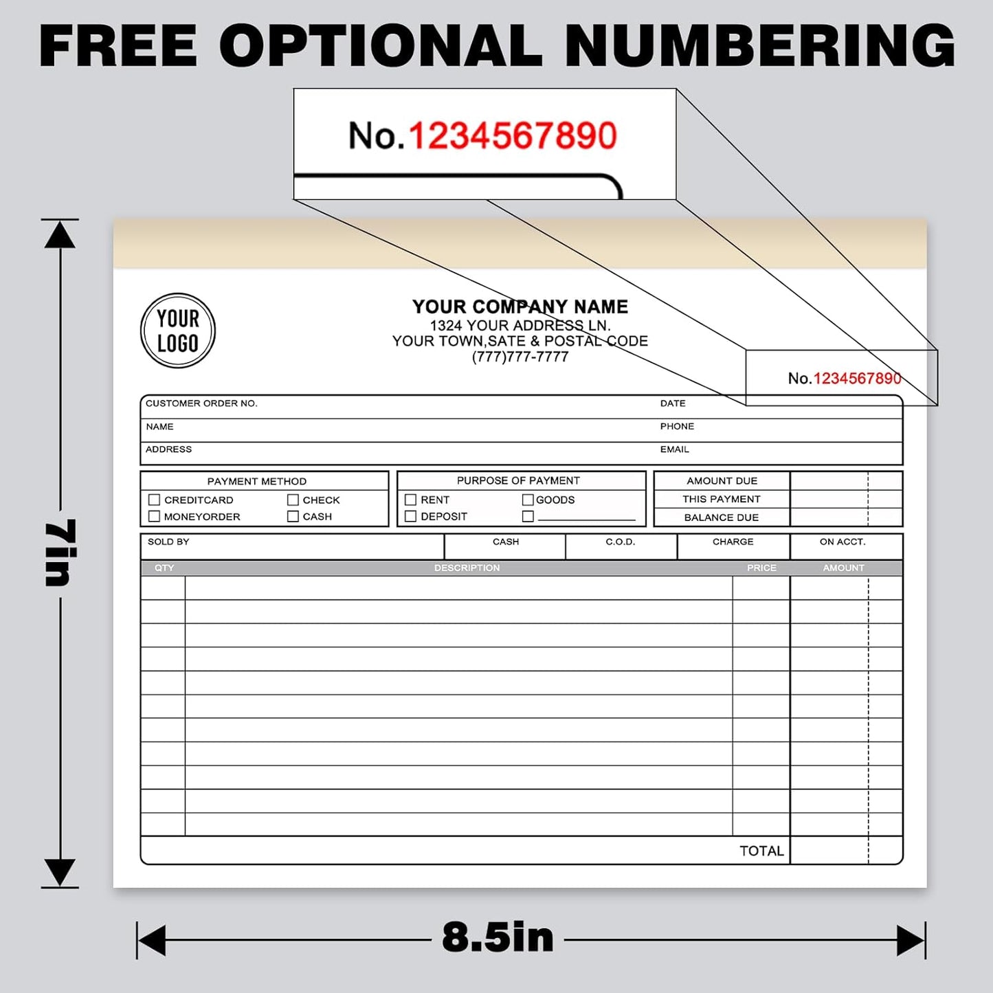 Custom Sales Invoice Personalized Carbonless NCR Forms with Company Name/Logo Personalized Invoice, Receipt Book, Work Sales Purchase Orders, Estimates, Quote Forms 8.5" x 7" - 3 Part(150 Sets)