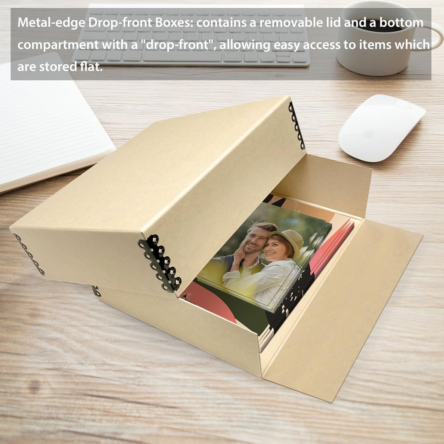 Golden State Art, Archival Storage Box, Acid-Free Drop Front Museum Box with Metal Edge for Storing Artwork Photos Documents Prints Arts And Crafts (Tan-11.75x15.25x3 Inches)