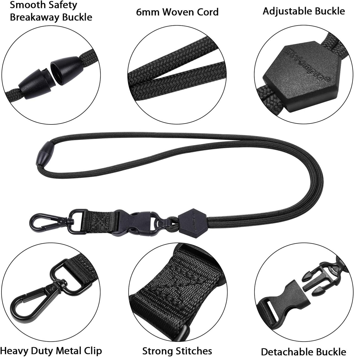 Wisdompro 2 Pack of 23 inch Durable Round Cord Heavy Duty Lanyard with Safety Breakaway Buckle, Detachable Buckle and Metal Hook for ID Card Badge Holder and Keys - Black and Black