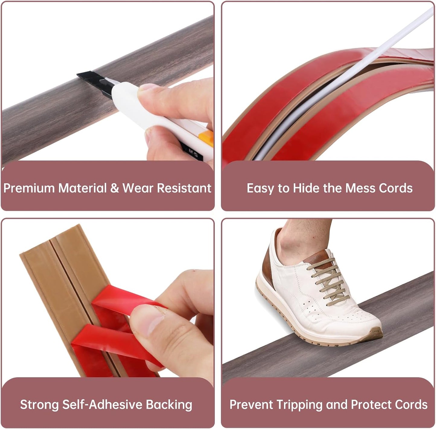 Floor Cord Cover Self Adhesive Cord Hider Floor Extension Cord Covers for Floor Power Cord Protector Cable Management Prevent Cable Trips Cable Cavity 0.32" W x 0.32" H (Brown Walnut Wood, 20Ft)