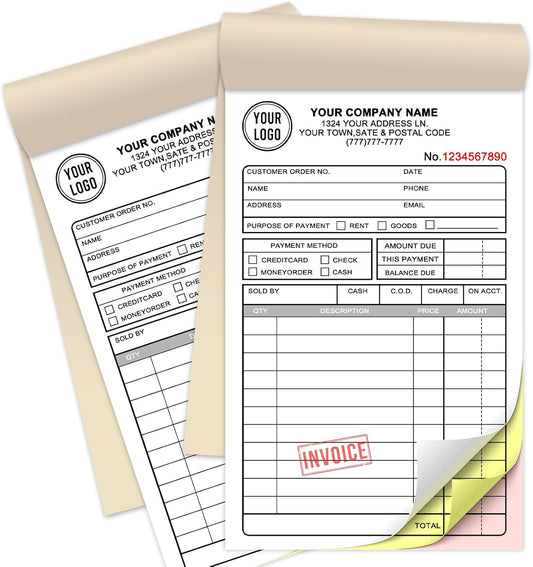 Custom Sales Invoice Personalized Carbonless NCR Forms with Company Name/Logo Personalized Invoice, Receipt Book, Work Sales Purchase Orders, Estimates, Quote Forms 4.25" x 7" - 3 Part(150 Sets)