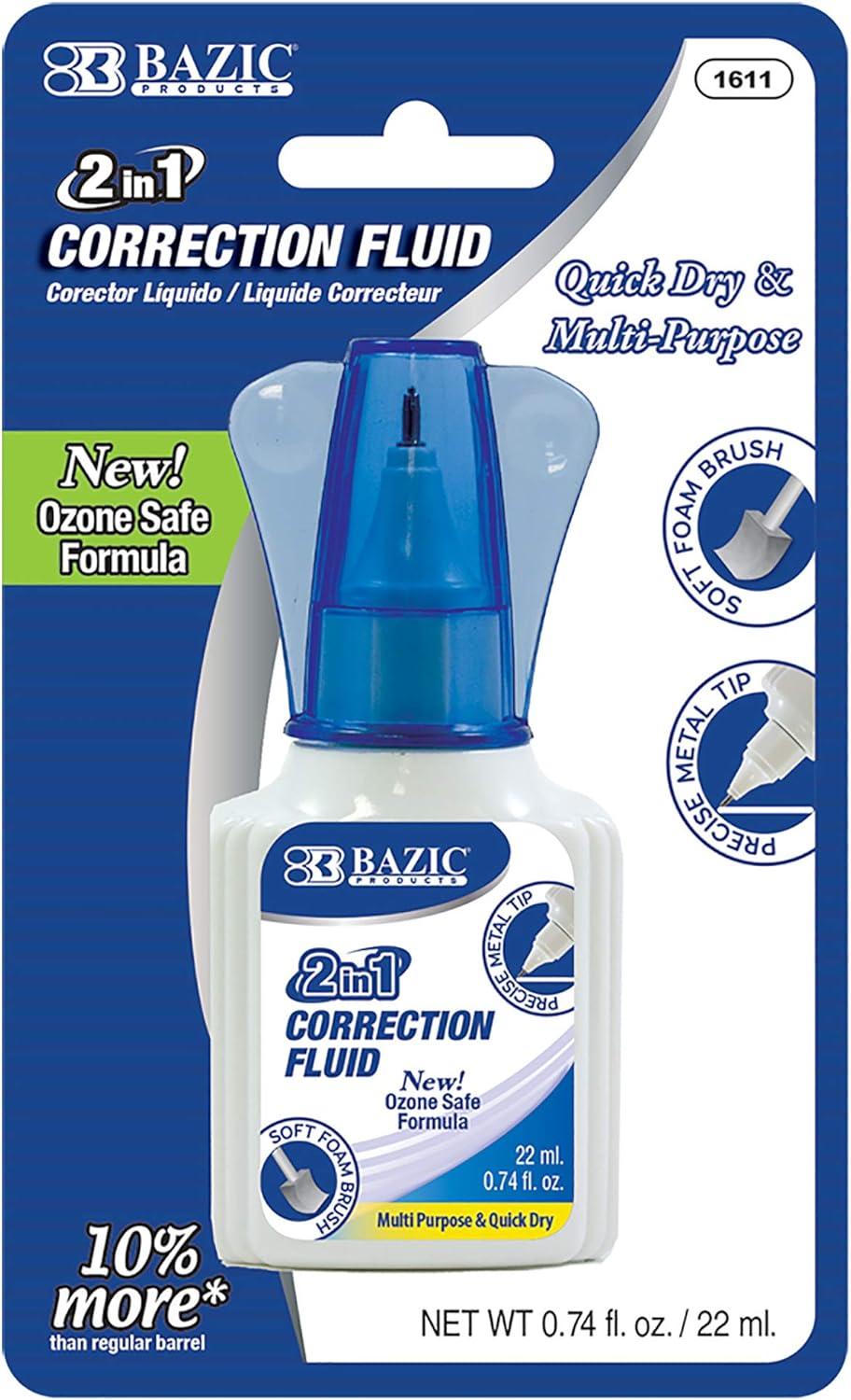 BAZIC Correction Liquid 2 in 1 (0.74 oz / 22 ml), Foam Brush & Precise Metal Tip Applicator, Instant Corrections Pen White Out Wipe Out Fluid, 24-Pack