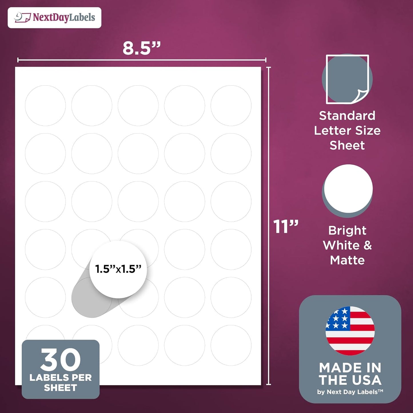 NextDayLabels - 1.5 Inch Round Labels - Matte White Blank Laser/Inkjet Printer Stickers (500 Sheets, 30 Per Sheet, 15000 Circle Stickers)