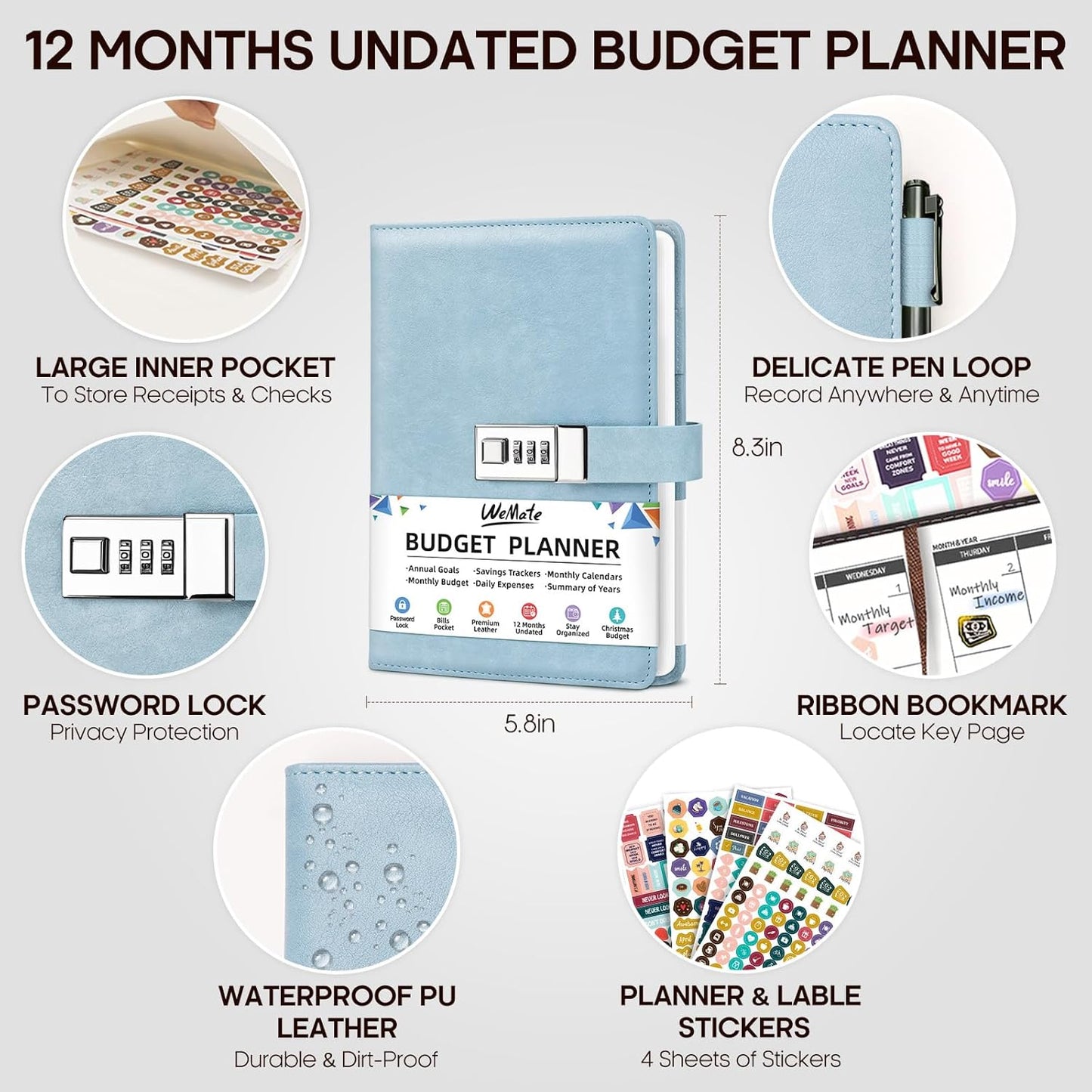 WEMATE Budget Planner 2025 with Lock, Monthly Budget Book with Expense Tracker Notebook, Undated Financial Planner to Manage Your Money, A5 Leather Account & Budget Book, Blue