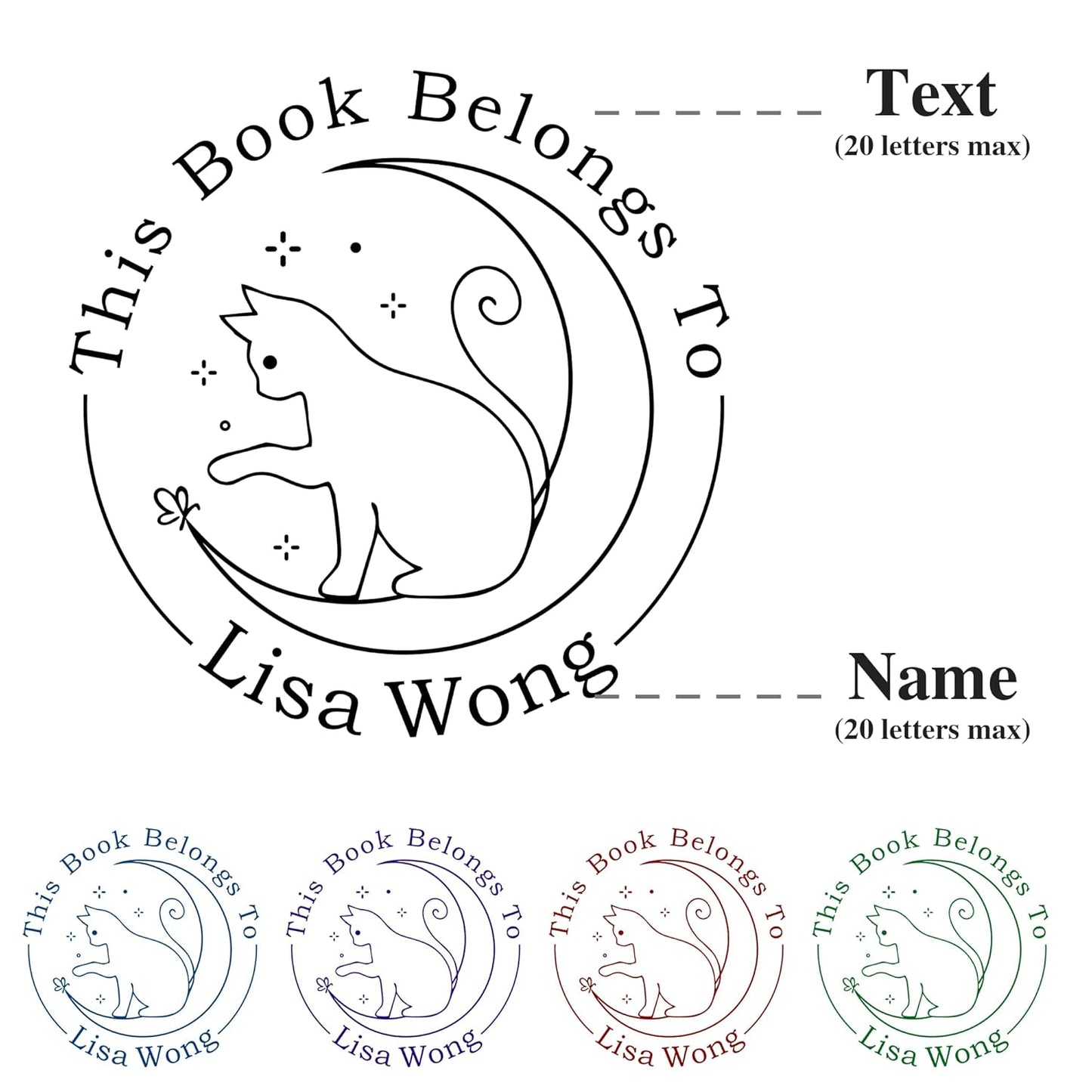 Cat Moon Book Embosser Custom Embosser Stamp with Your Name and Cute Kitty Personalized Library Embosser Stamp Customized Books Business Cards Paper Documents Notebooks etc. (Cute Cat - 03)