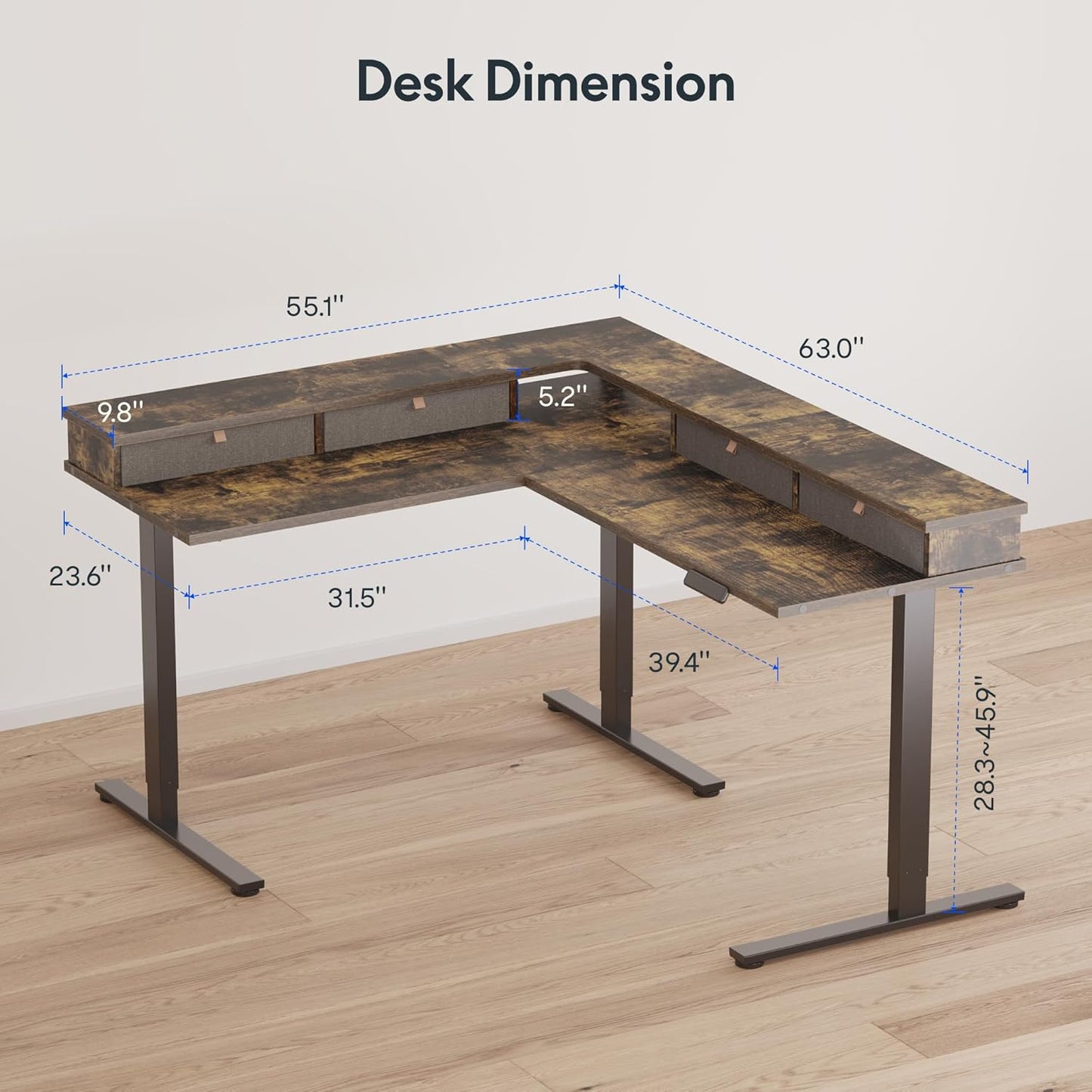 FLEXISPOT 63" L Shaped Standing Desk Electric Corner Table with Shelf, 4 Storage Drawers, Adjustable Computer Workstation for Home, Office, Game, Studio, Rustic Brown Top + Black Frame