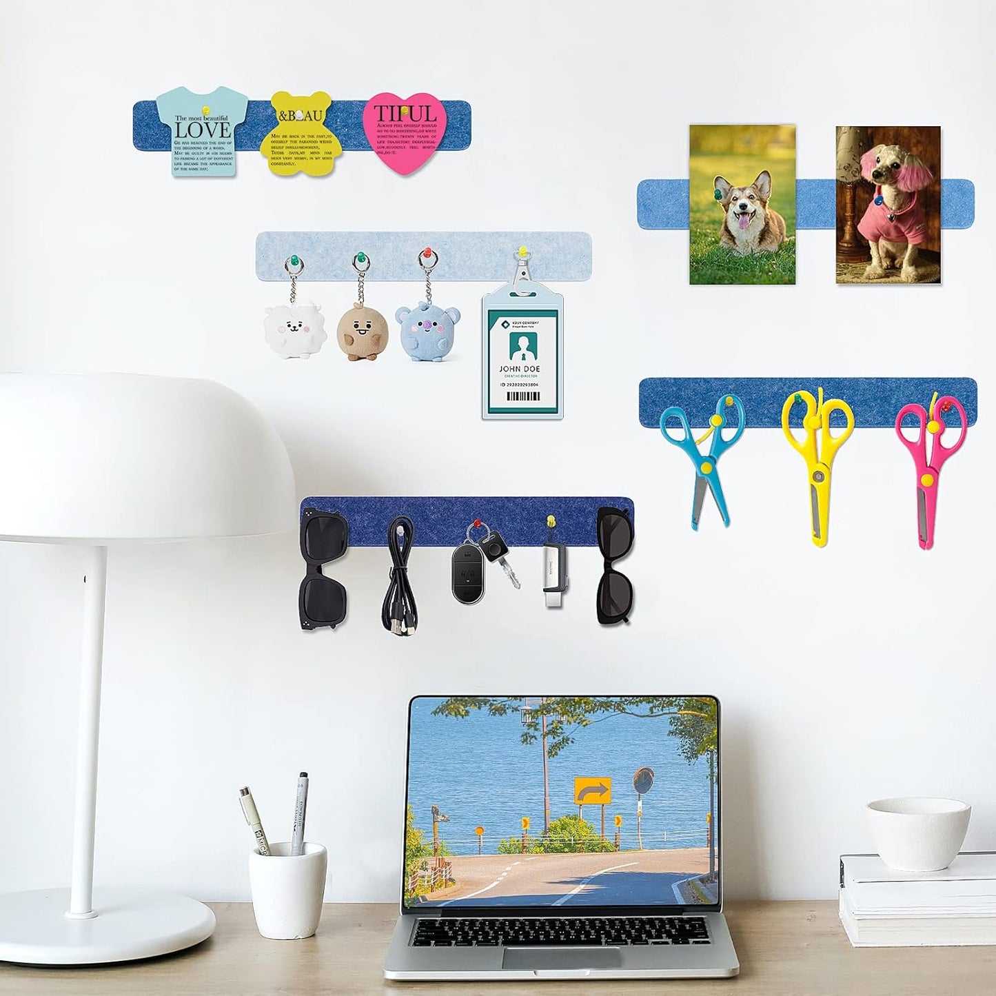 8 Pcs Felt Pin Board Bar Strips Bulletin Board for Bedrooms Offices Home Wall Decoration, Notice Board Self Adhesive Cork Board with 50 Push Pins for Paste Notes, Photos, Schedules (Multi-Blue)