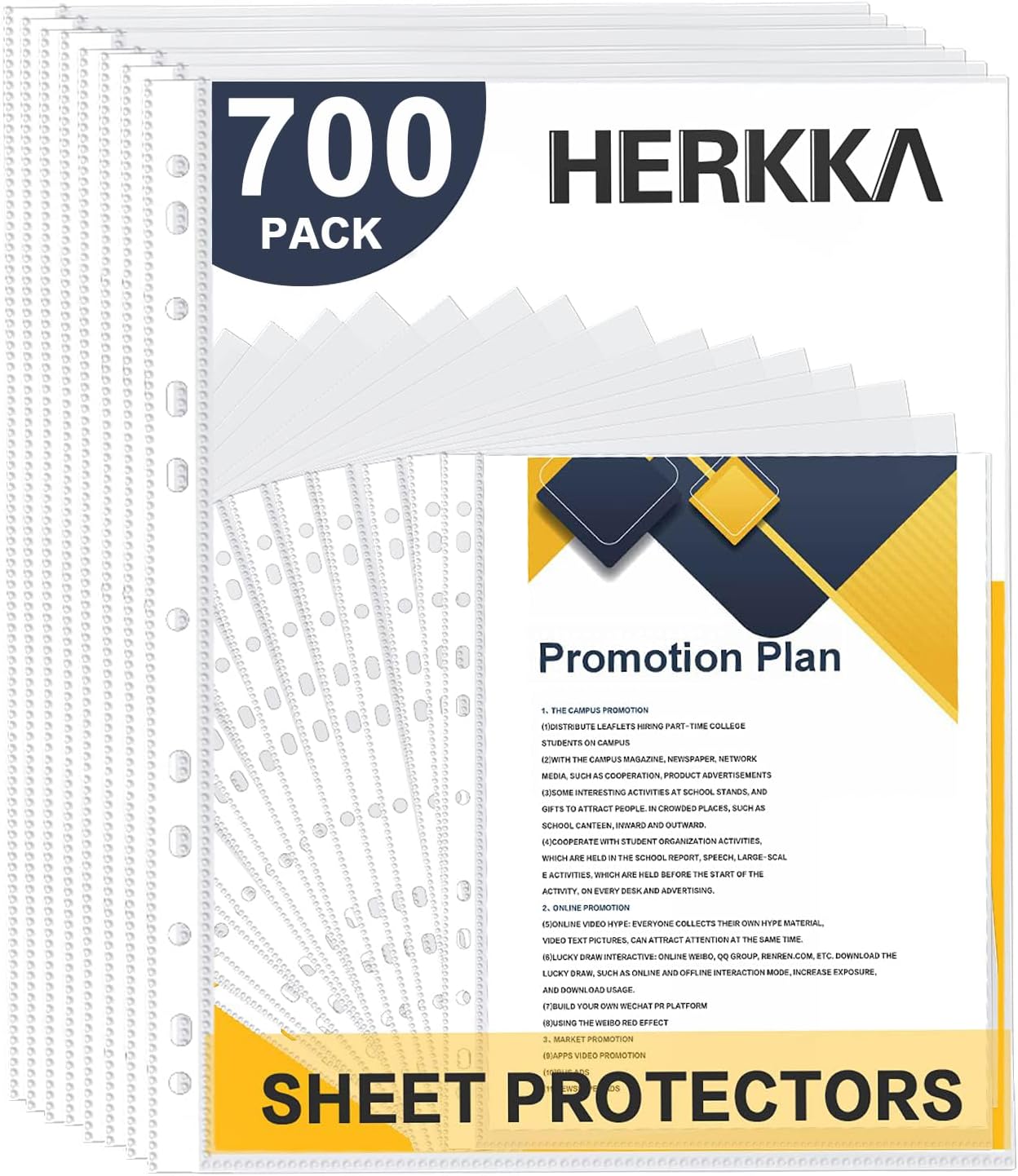Sheet Protectors, HERKKA 700 Pack Heavy Duty Clear Plastic Page Protectors Sheet Reinforced 11-Hole Fit for 3 Ring Binder Fits Standard 8.5 x 11 Paper, 9.25 x 11.25 Top Loaded, Acid Free