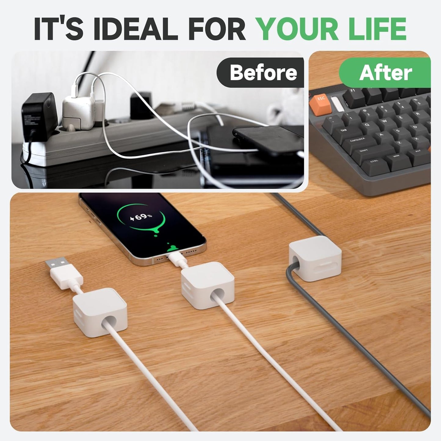 9 White Magnetic Cable Clips,Under Desk Cable Management,Cord Holder for Nightstand Home Office Car Phone Wall,2025 Adhesive Cord Organizer[0.45" in Ht Save Space/Versatile for Wire Up to 0.27" OD]