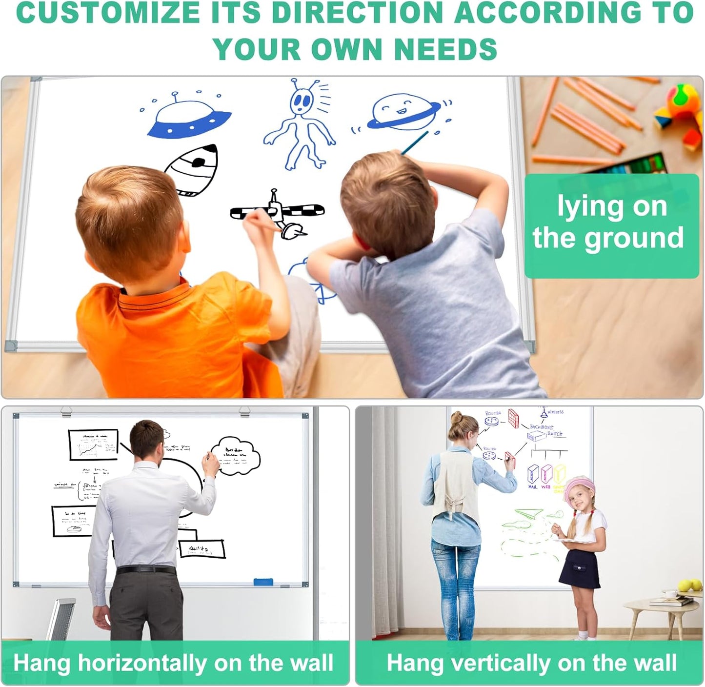 H-Qprobd White Board Dry Erase Boards for Wall 5' x 3' Magnetic Whiteboard - 60"x36" Aluminum Presentation Large Whiteboard with Long Pen Tray, 6 Markers, 2 Erasers &12 Magnets