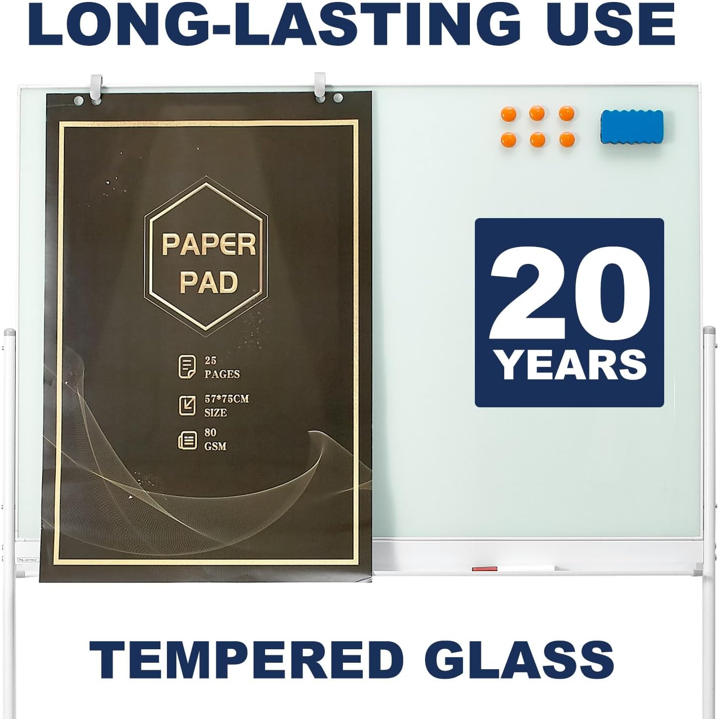 TSJ-OFFICE Rolling Glass Whiteboard on Wheels - 48" x 32" Magnetic Mobile Dry Erase Board with Stand, Large Rolling White Board with 25 Sheets Paper Pad, Transparent Tempered Glass Board Office, Home