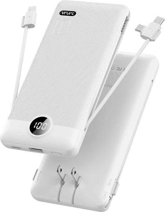 VRURC Portable Charger,Power Bank Built-in Cables and AC Wall Plug, USB C Portable Bank 10000mAh, Travel Essentials Phone Charger Compact External Battery Pack for Smart Phones, Tablets etc-White