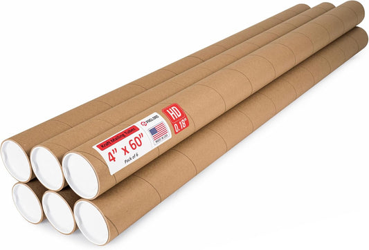 4" x 60" Heavy-Duty Reinforced Cardboard Mailing Tube, Pack of 6 Tubes with 12 Caps – Secure USPS Approved – Great for Shipping and Storing of Prints, Artwork, Posters or Documents
