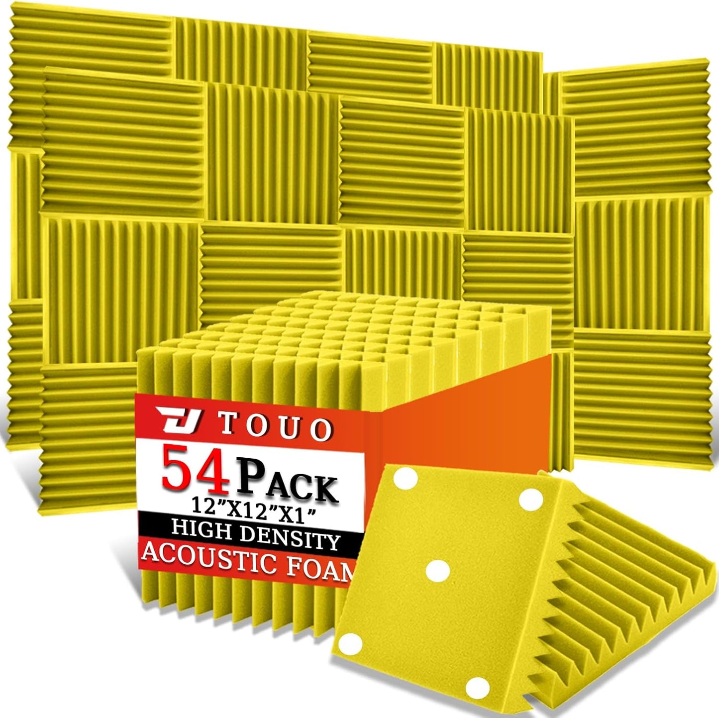 54 Pack Acoustic Panels – Sound Proof Foam Panels for Wall 12"x12"x1", Flame Retardant Wedge Acoustic Foam, High-Density Sound Absorbing Panels for Home Studio(Yellow, 1" Thick 54 Pack)