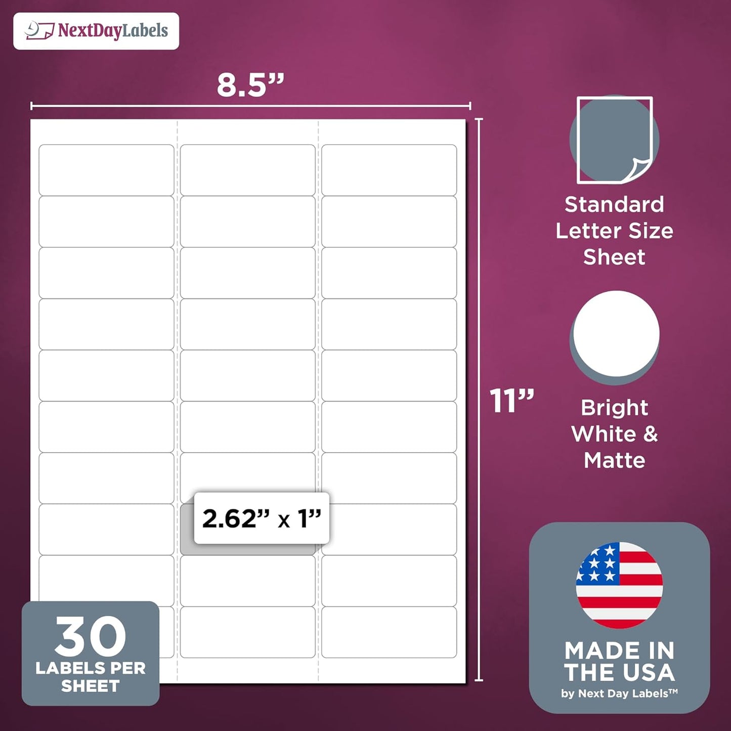 NextDayLabels - 2.5/8" x 1" Rectangular Sticker Labels for Printer - White Laser/Inkjet Printer Labels Return Address Labels Shipping Label Stickers (25 Sheets, 30 Per Sheet, 750 Labels)