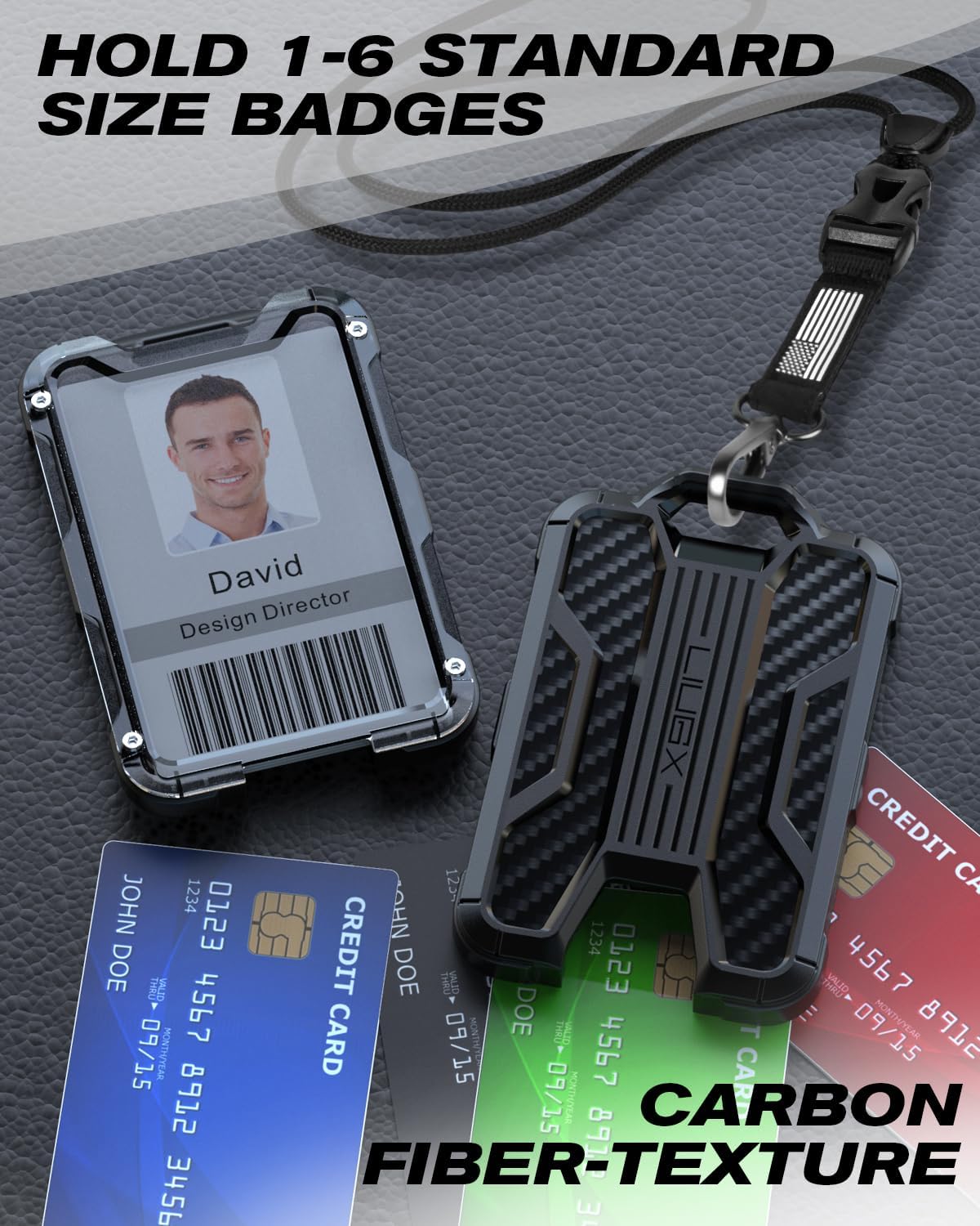 LIUGX Badge Holder with Heavy Duty Breakaway Lanyard, Carbon Fiber-Texture, Durable ID Card Holder (Holds 6 Cards) with Quick Release Detachable Buckle, Metal Clip, American Flag