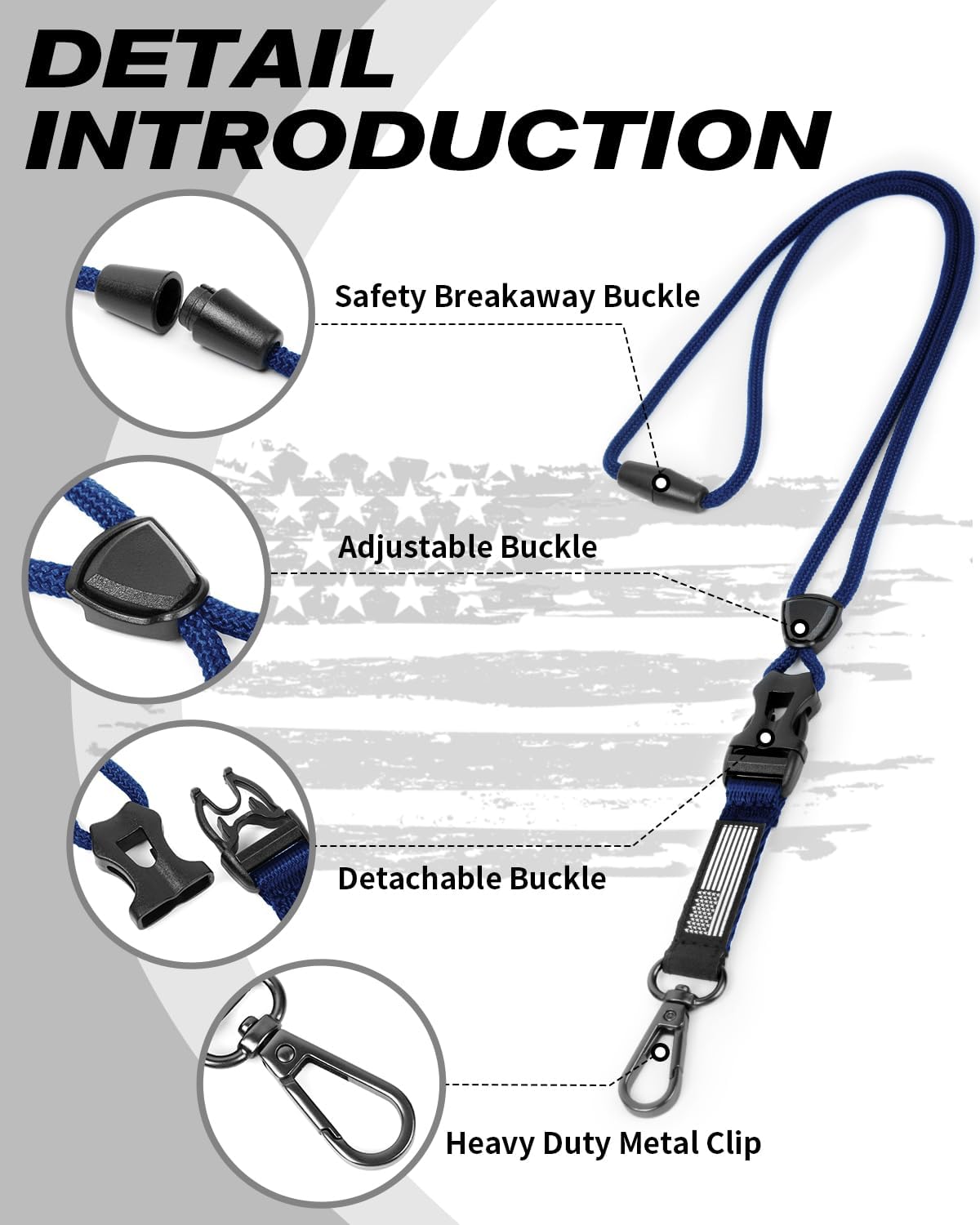 LIUGX Badge Holder with Heavy Duty Breakaway Lanyard, Carbon Fiber-Texture, Durable ID Card Holder (Holds 6 Cards) with Quick Release Detachable Buckle, Metal Clip, American Flag