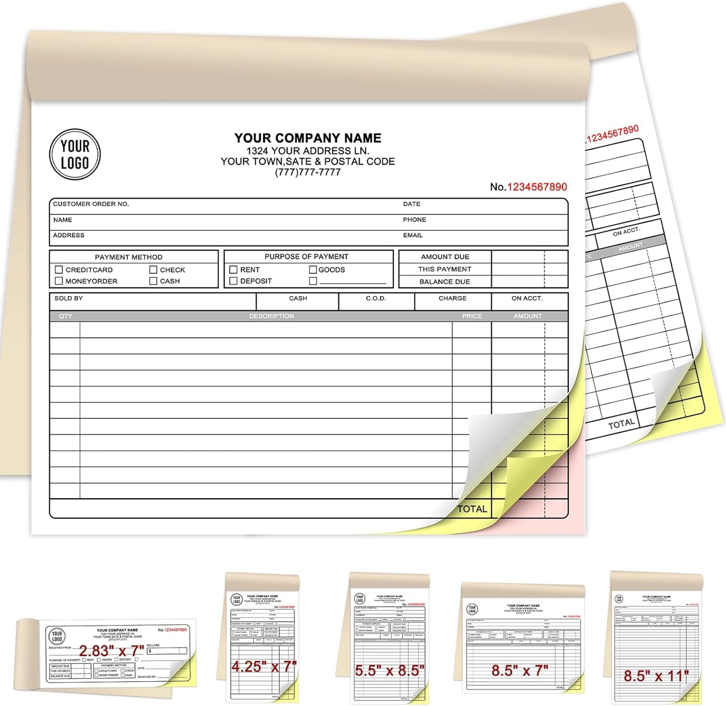 Custom Invoices Receipt Book for Small Business Personalized 3-Part Duplicate Carbonless Logo Receipt Books Sales Payment Forms with Company Name Address Phone Number 100 Sets 8.5" x 7"