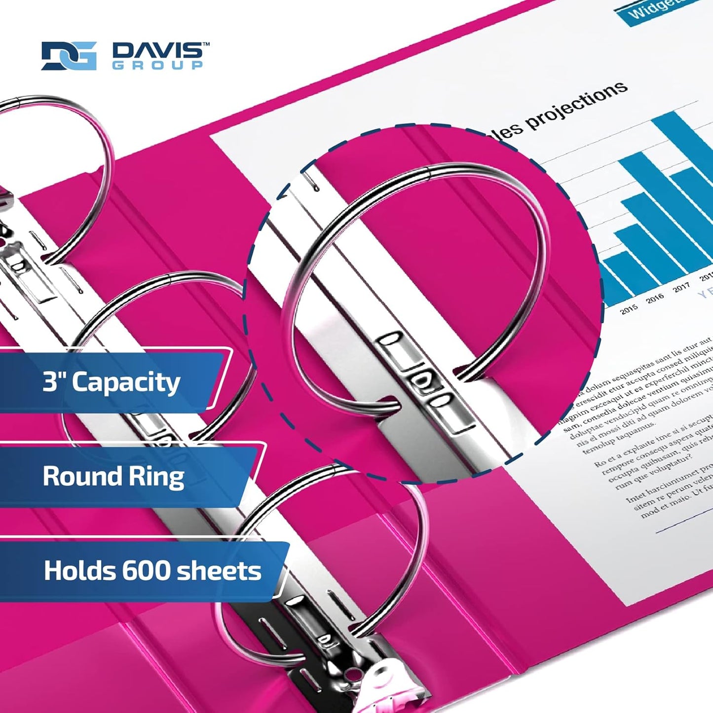 Premium Economy 6-Pack 3-Ring Binders for School or Office, Round-Ring Binders, 3 Inch, Pink