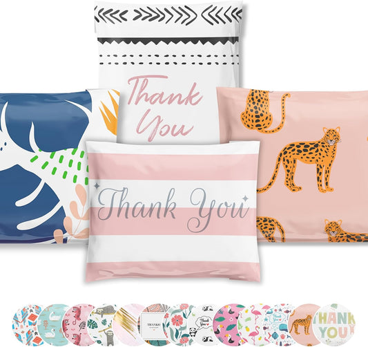 Poly Mailers 10x13 100 Pack | Self-Sealing Shipping Bags Envelopes for Small Business | Waterproof Durable Packaging | Variety Sample Pack | Thank You Floral Cheetah | à la mode Mailers