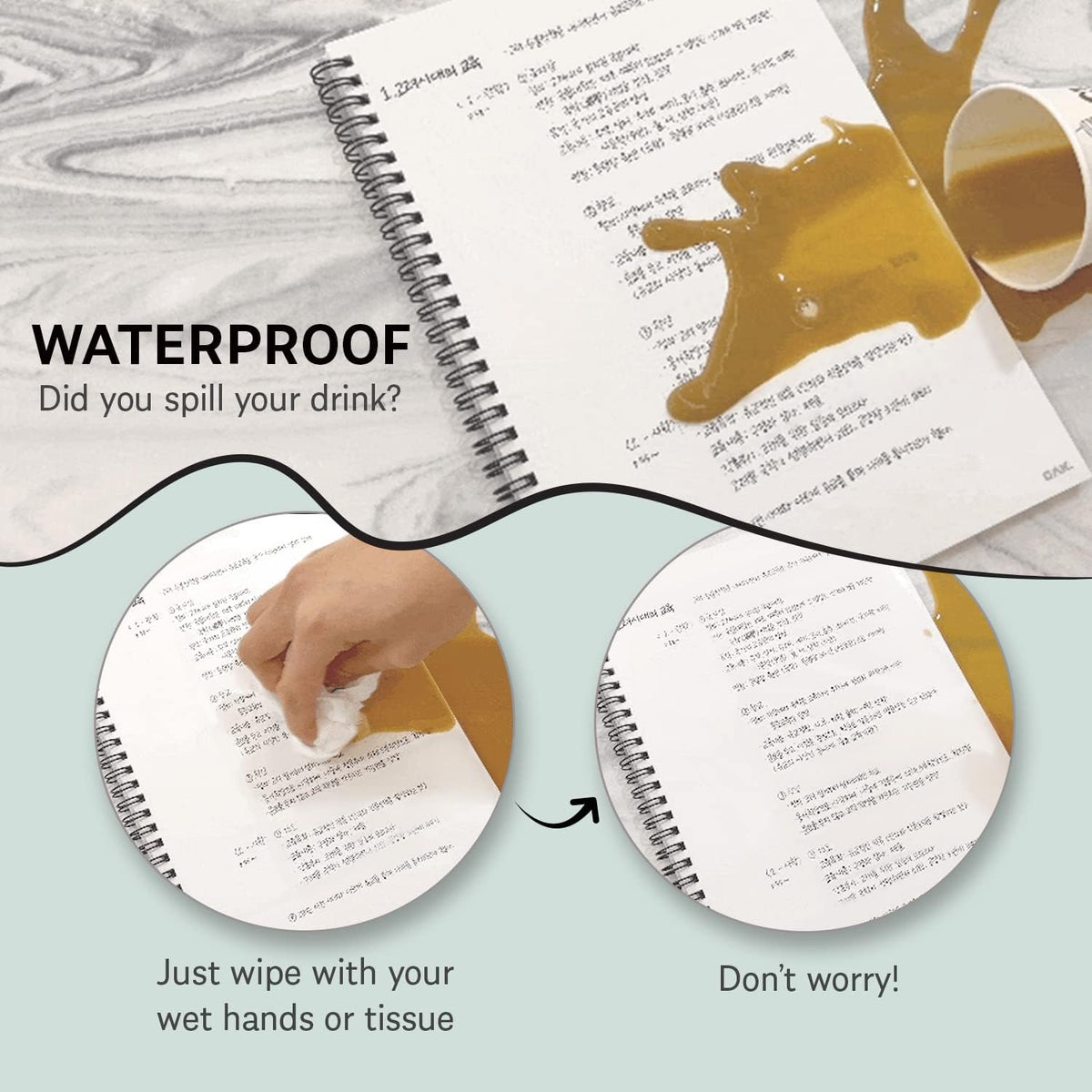 GAK. Stone Paper Notebook | No Lines Spiral Notebook Waterproof Sheet Aesthetic Journal for Note Taking | Notebooks for Work & Aesthetic School Supplies | Large Size, Green (7.2”x10.1”, 50 sheets)