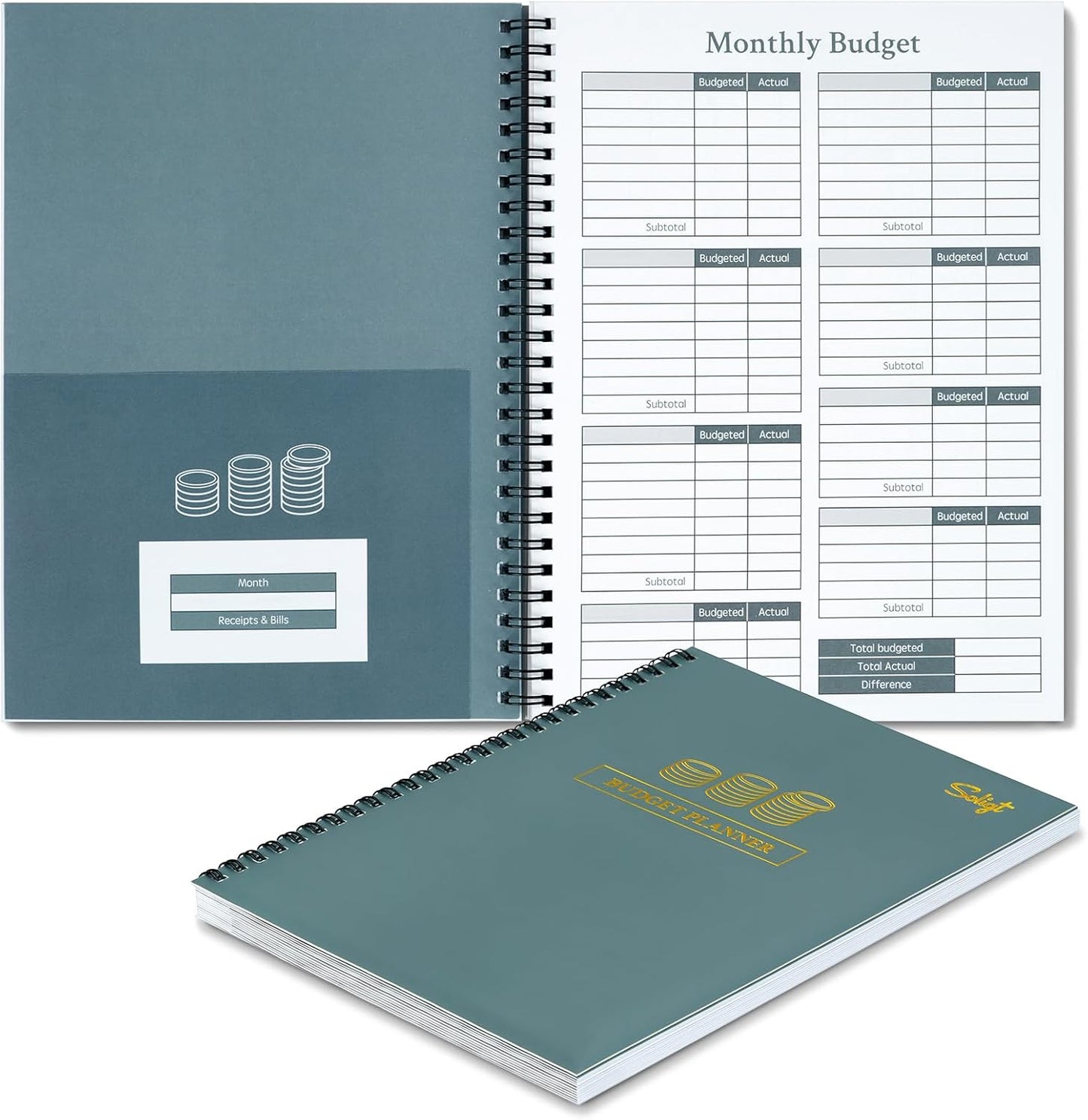 Monthly Budget Planner Book 2025 (Undated) with 12 Pockets for Income, Debt, Saving, Expense and Bill Tracker Organizer, Financial Planner for Men and Women, Dark Green, Spiral Design