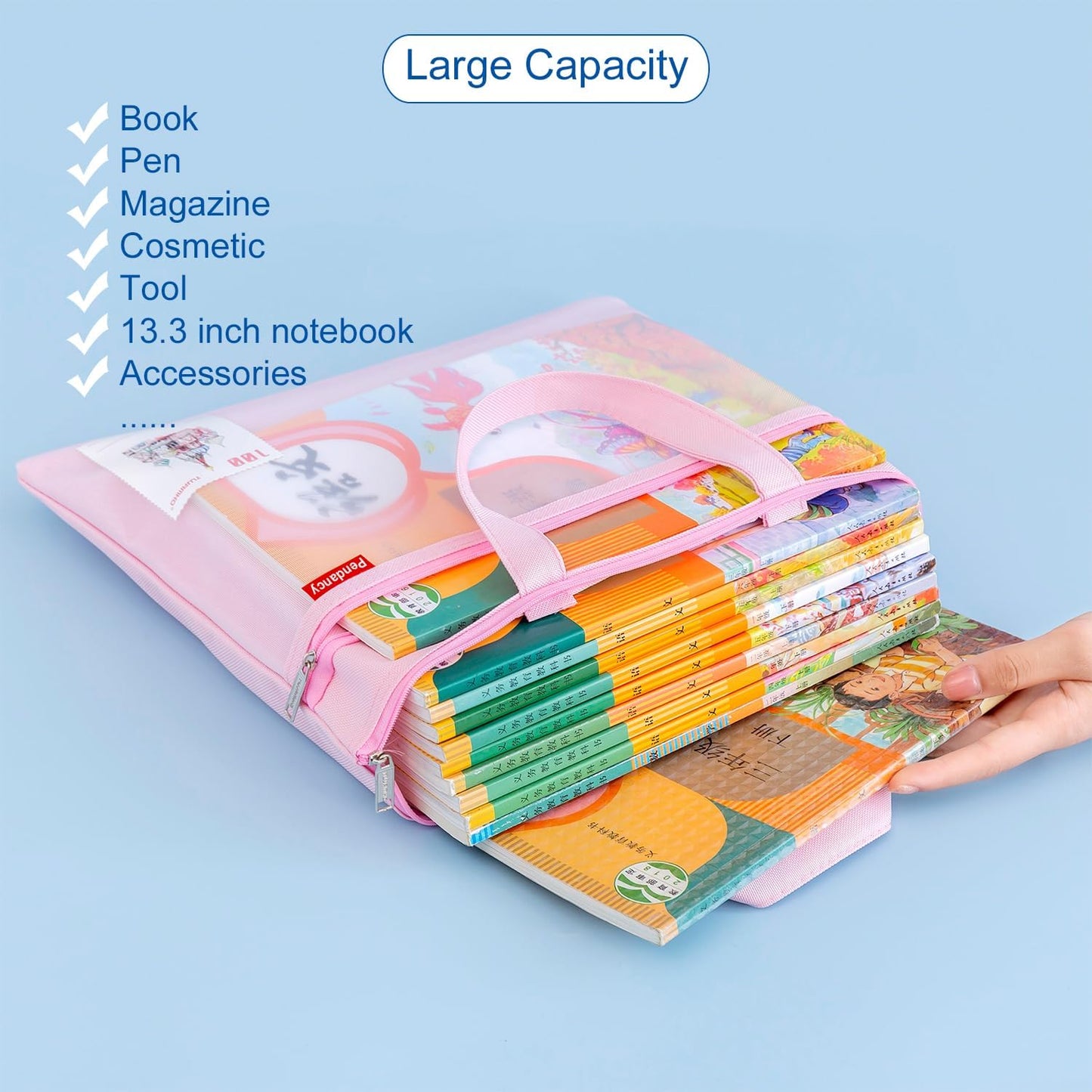 Pendancy Mesh Zipper Pouch 11x13.7 in, 2 pcs Large Double Pocket Waterproof File Bag with Handle, A4 Size Foldable Document Storage for Puzzle Project/Cross Stitch/Travel/Office（Gray Blue）